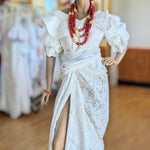 Florenze White African Sequin Lace Ruffle Blouse and Sequin Lace Wrap Skirt