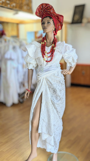 Florenze White African Sequin Lace Ruffle Blouse and Sequin Lace Wrap Skirt