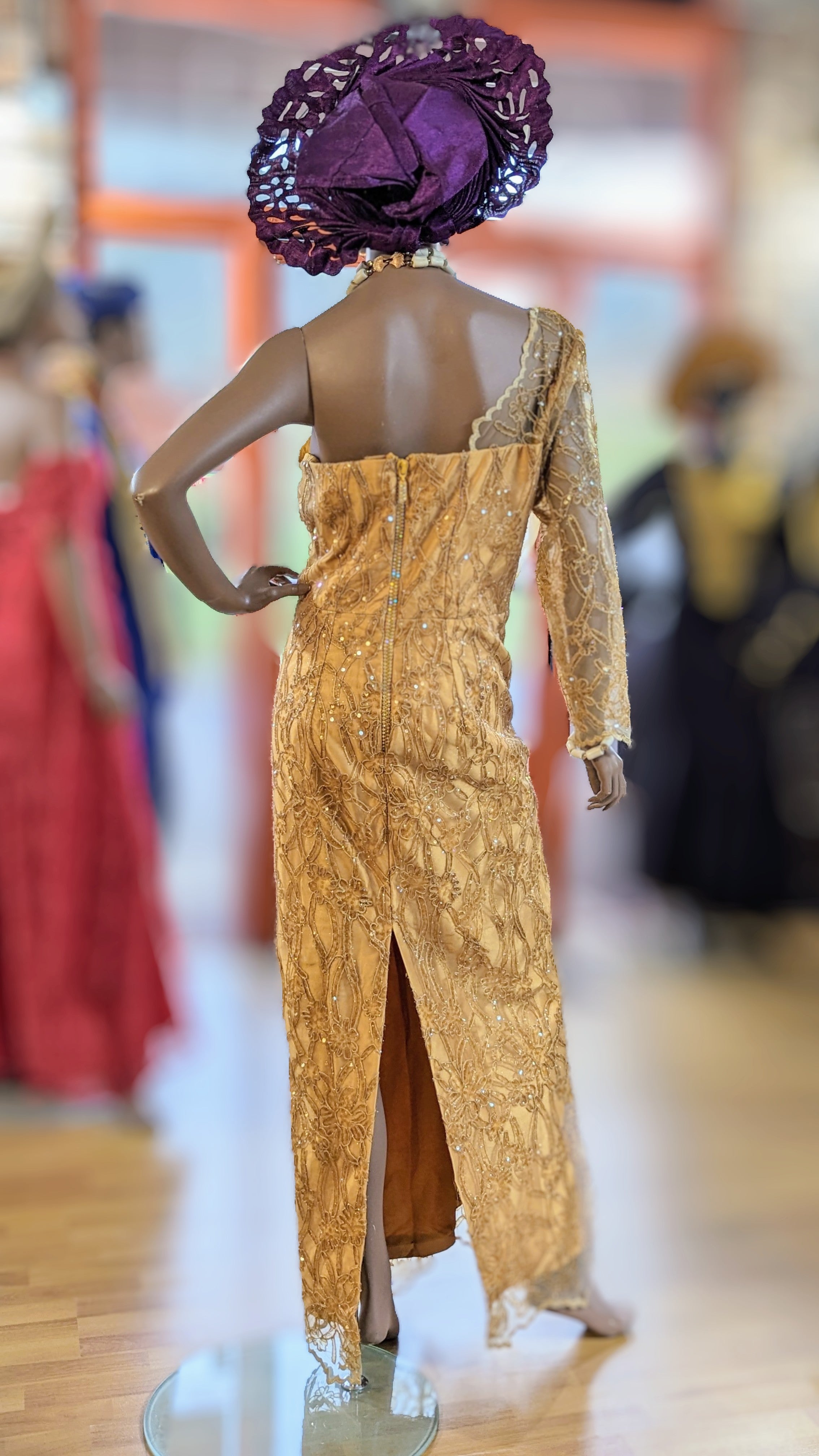 Orrezi Gold Taffeta lined African Net-lace Mono sleeve Maxi Bustier dress-DPXGNLD30