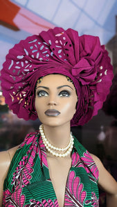 Efe Fuchsia-Pink Lazercut Aso Oke African Head Tie Autogele Head wrap-DPAFPLC42