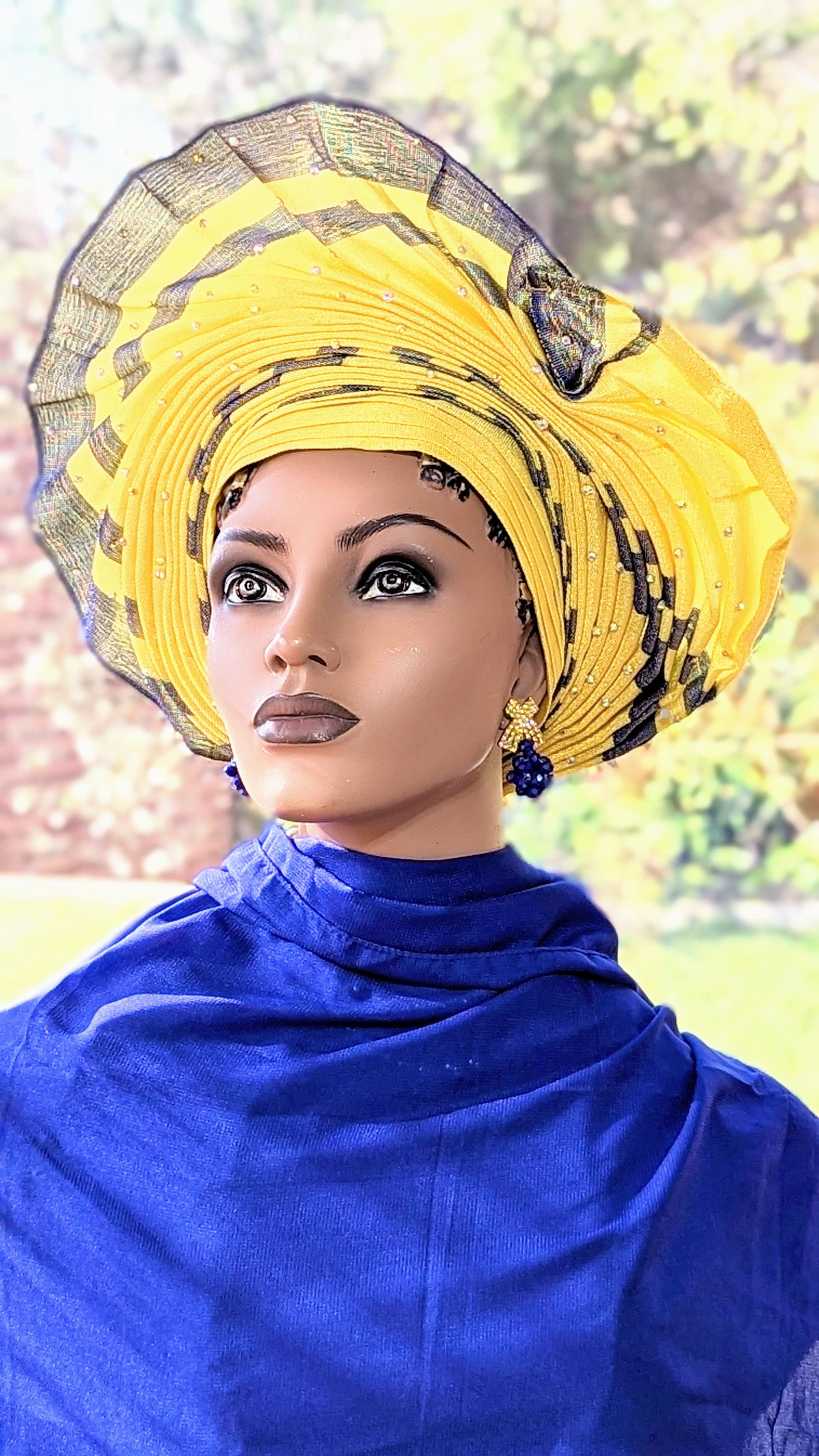 Molade Yellow and Blue Aso Oke African head tie Autogele pre-tied head wrap hat-DPAGYRB06