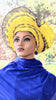 Molade Yellow and Blue Aso Oke African head tie Autogele pre-tied head wrap hat-DPAGYRB06