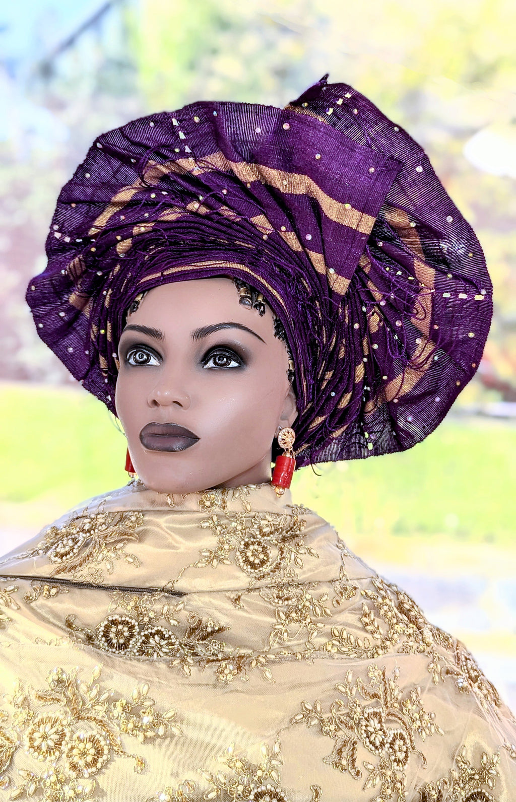 Eliseh Purple with Gold Stripes African Aso Oke Autogele pre-tied Head wrap-DPAGPGS24
