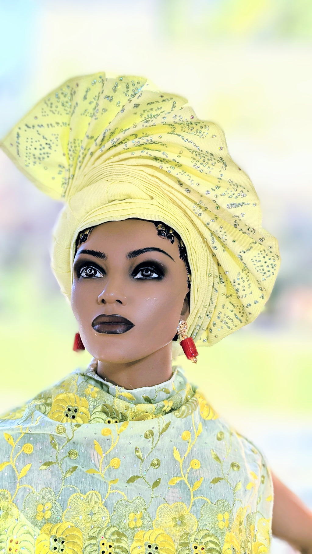Lensah Yellowish-Cream African Aso Oke Autogele Pre-tied head wrap-DPAGYCH4