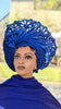 Owanbeh Royal-Blue lazercut Aso Oke African head tie Autogele pre-tied Head wrap-DPAGRBPR38
