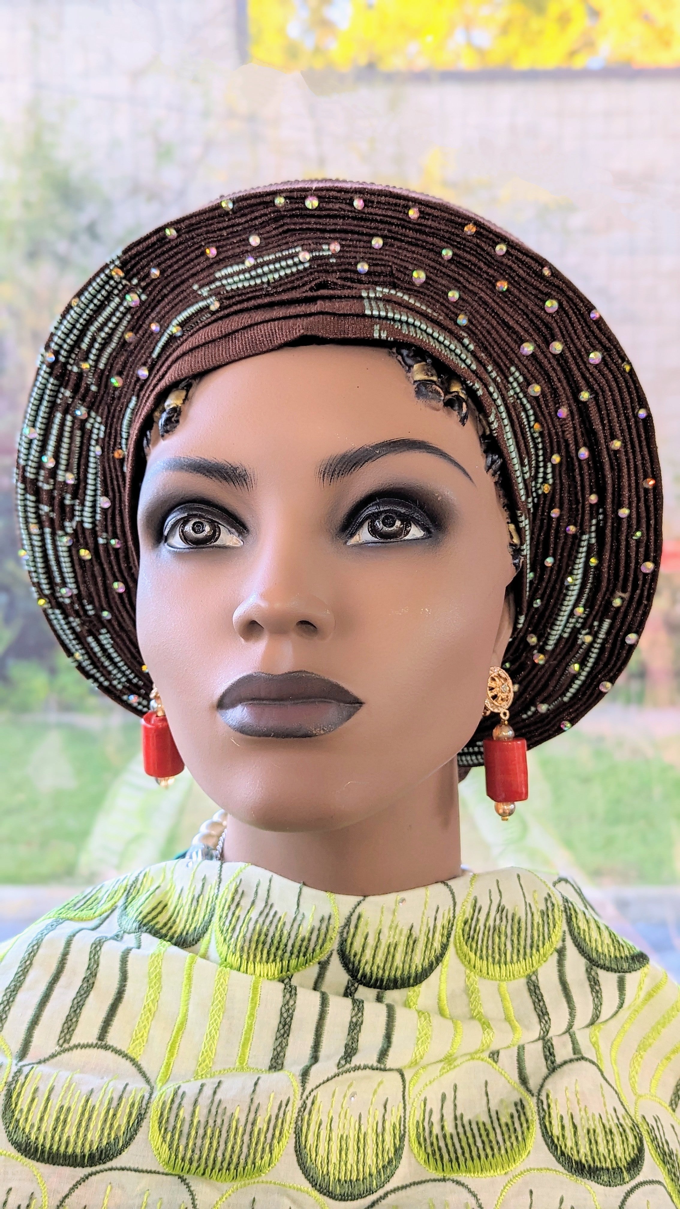 Chocolate-Brown Olamideh Pre-tied Aso Oke Head tie head wrap AutoGele with Mint-Green patterns-DPACBMG11