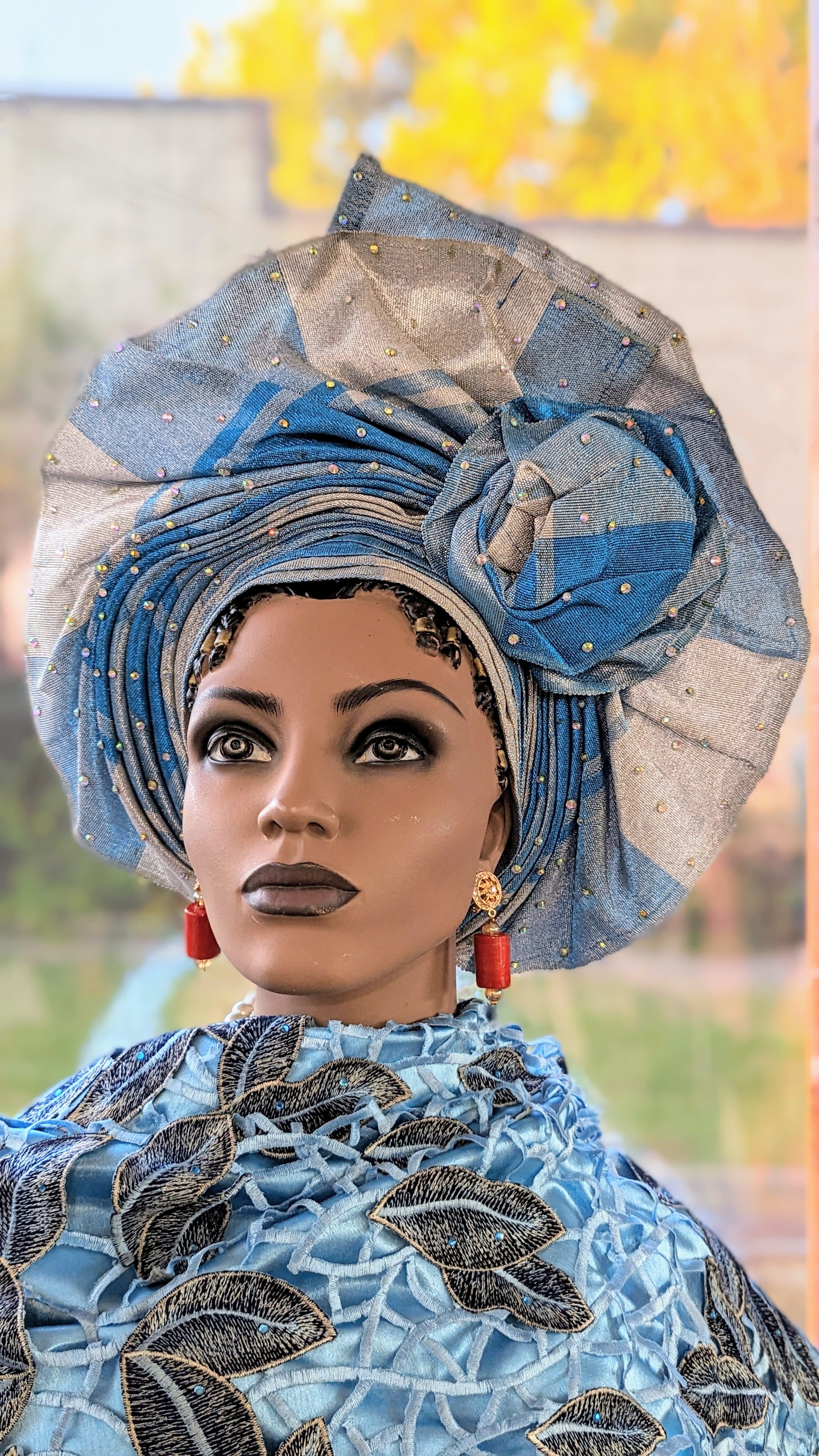 Dupsie's African Fashion's Turquoise-Blue African Aso Oke Head Tie Autogele pre-tied head wrap hat-DPATBSBL22