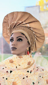 Basiraah Tan-Brown African Aso Oke Head tie Autogele head wrap hat-DPATBS42