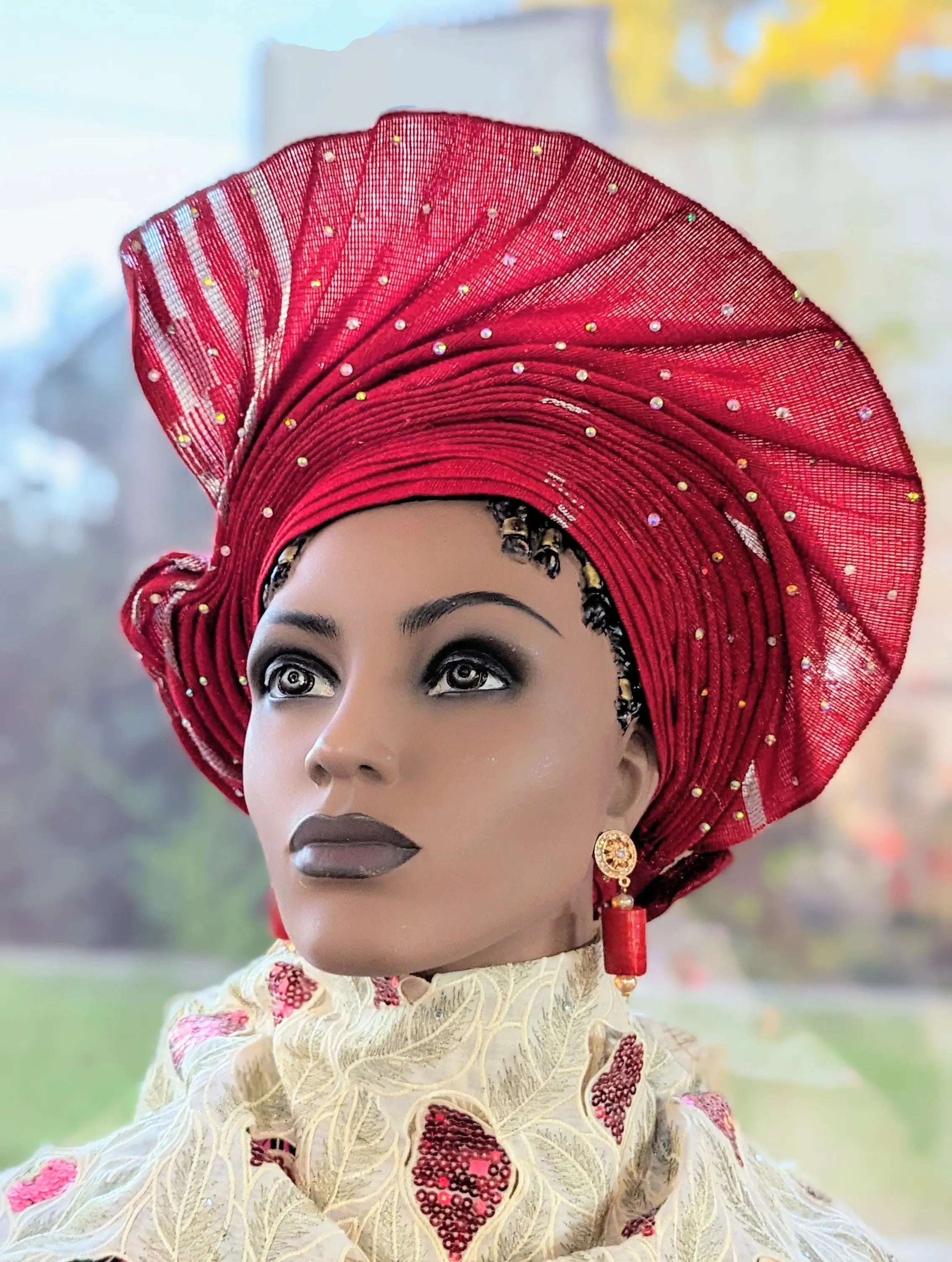Badesimi Red African Aso Oke head tie Autogele head tie ready Gele