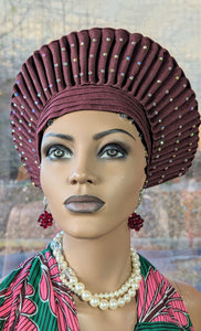 Burgundy Ramonda African Aso Oke head tie Autogele Crown Head wrap-DPARBGCH31