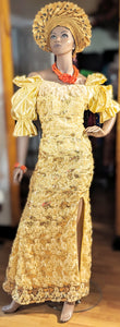 Exquisite Ahebi Yellow Cream African Off-Shoulder Dress with Gold Sequin Embellishments-DPXYCSL2