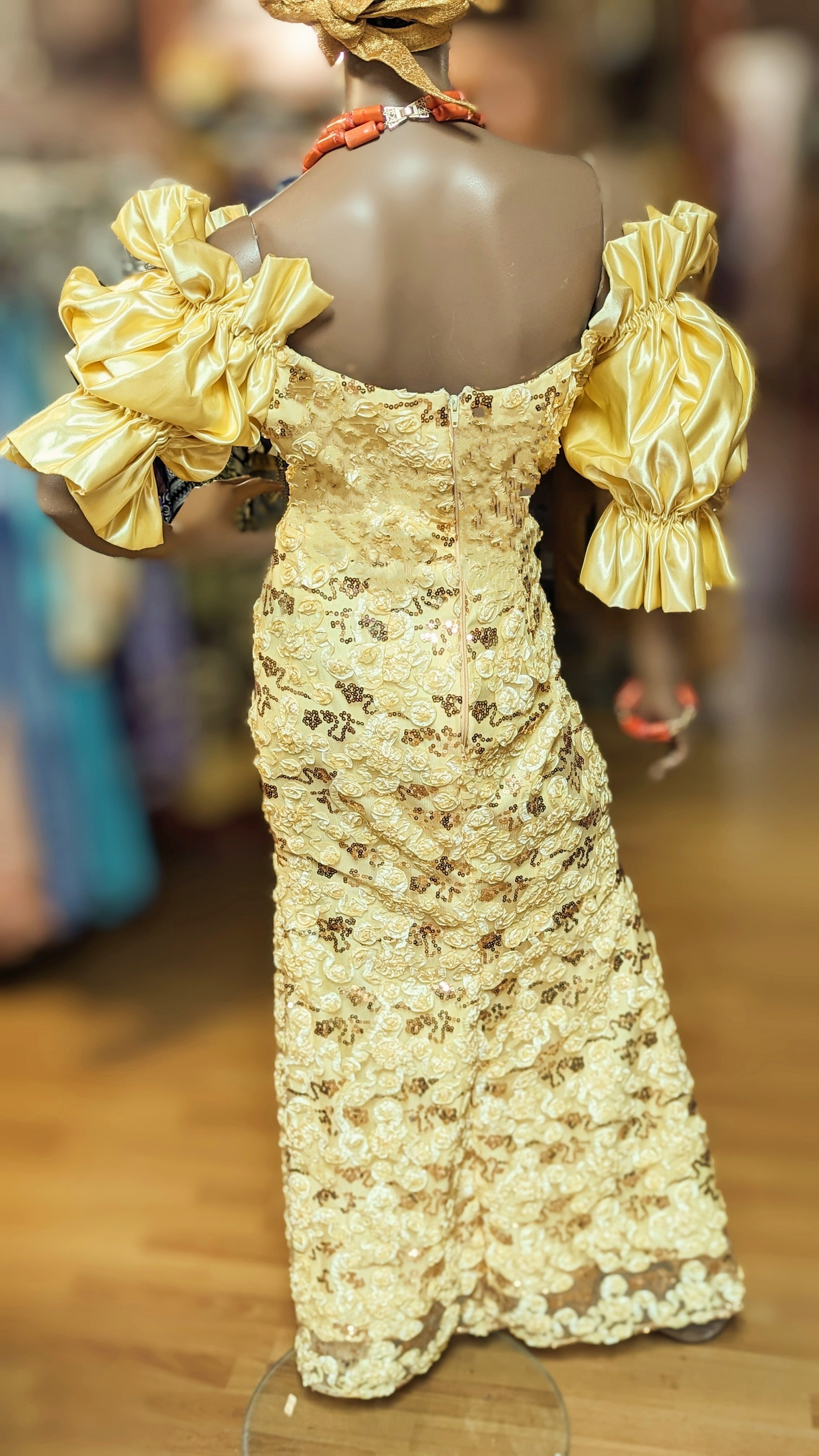 Exquisite Ahebi Yellow Cream African Off-Shoulder Dress with Gold Sequin Embellishments-DPXYCSL2