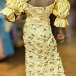 Exquisite Ahebi Yellow Cream African Off-Shoulder Dress with Gold Sequin Embellishments-DPXYCSL2