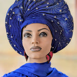 Dupsie's Ileri Royal Blue African Aso Oke Head Tie Autogele Crown pre-tied head wrap DPAGRBR7