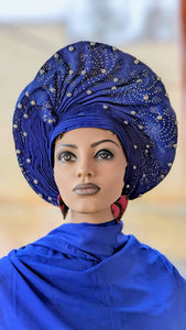 Dupsie's Ileri Royal Blue African Aso Oke Head Tie Autogele Crown pre-tied head wrap DPAGRBR7