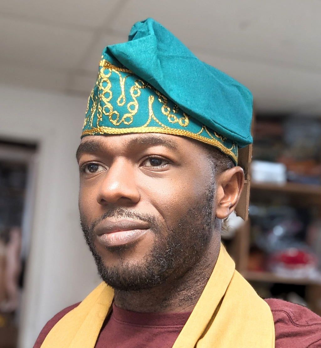 Dupsie's "Ade Ori Aso" Adebo Green Kufi Fila Hat with Gold embroidery DPHGAH5