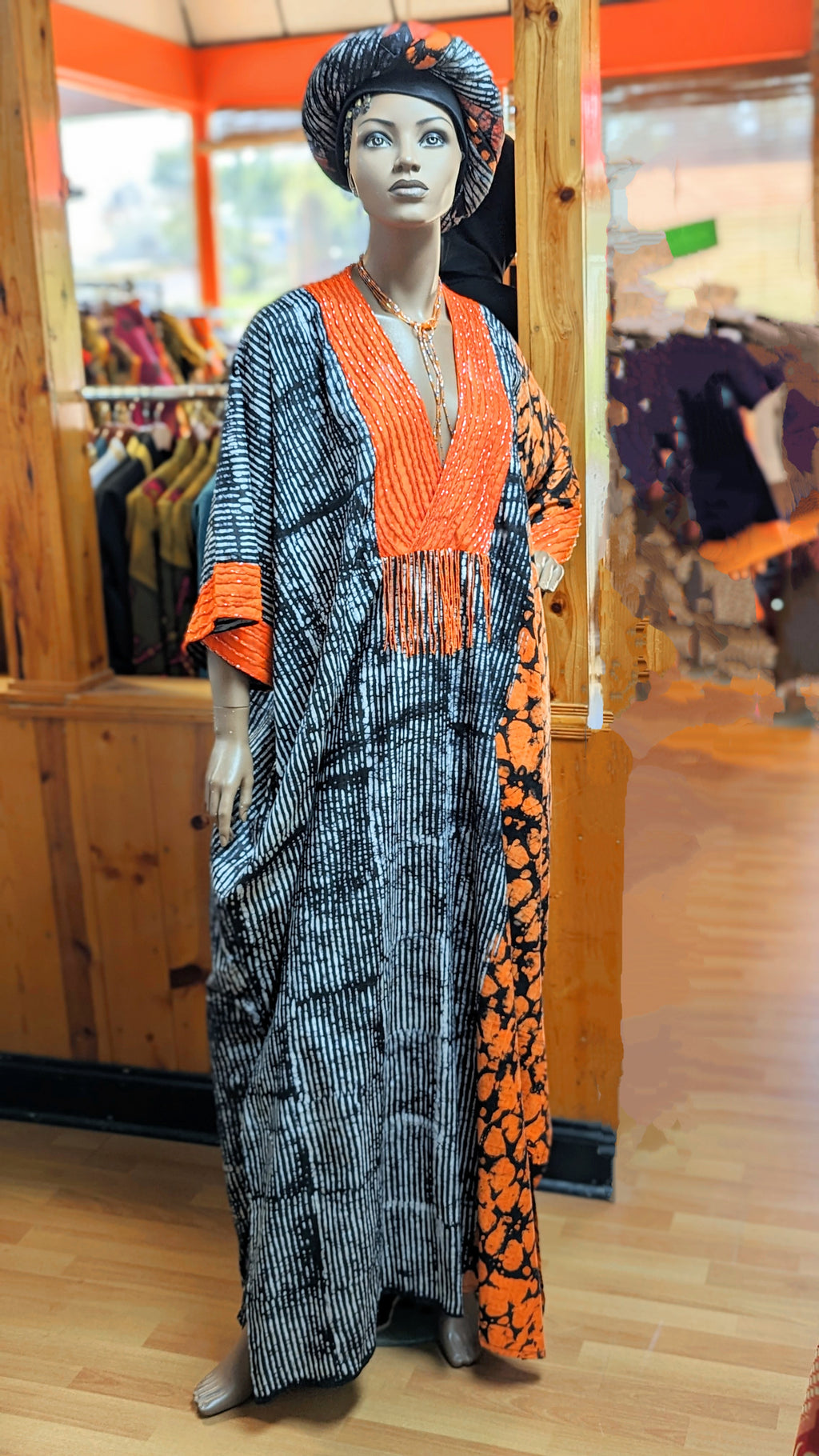 Dupsie's Anika Handcrafted African Print Batik Dress with Orange Beads DPOBWBD4