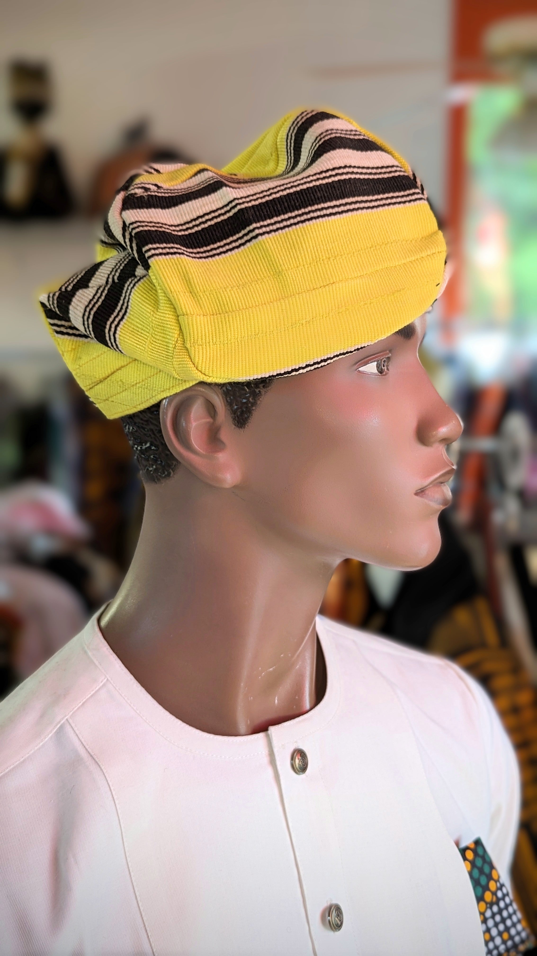 Yellow Black Aso Oke handwoven hat cap Kufi Dupsie's