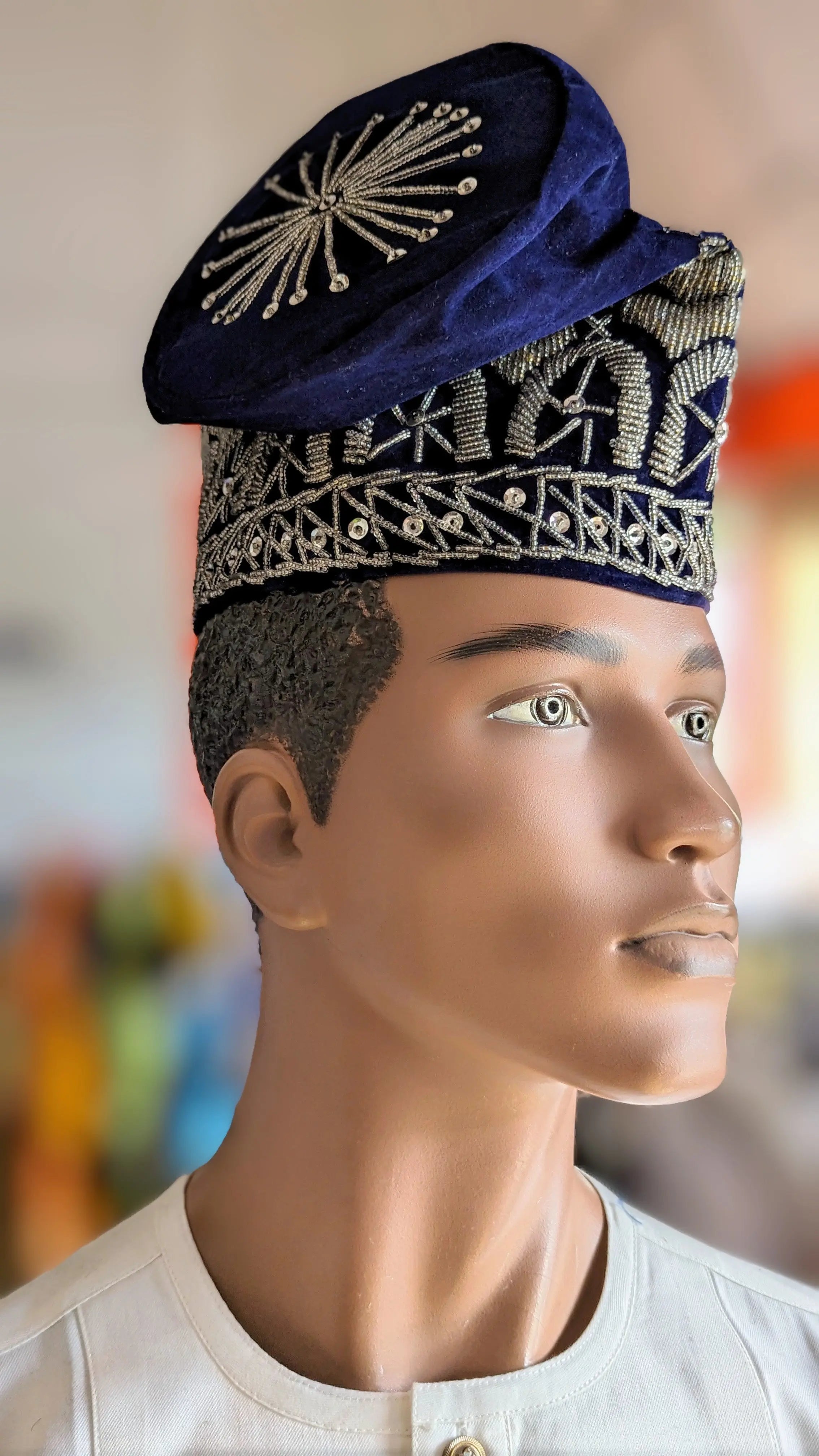 Dupsie's Aṣọilu Navy-Blue and Silver Nigerian Velvet Fila Kufi Cap