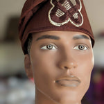 Dupsie's Ayo Fila Brown handwoven Aso Oke cap hat with cream beige embroidery DPHABBC3