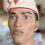 Dupsie's IfeFila Cream African Aso Oke Fila Cap hat with Burgundy embroidery DPHACB4