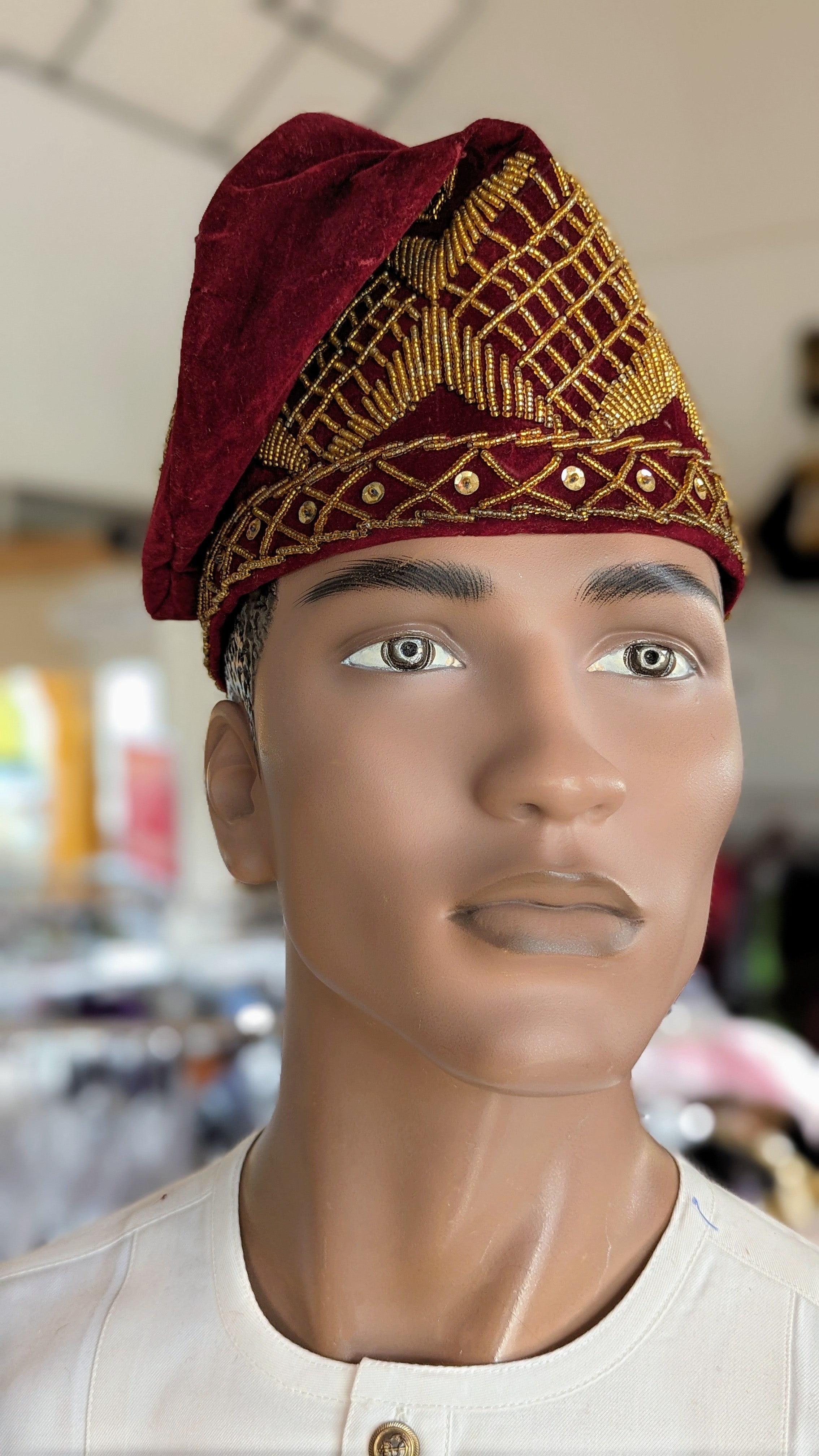 Dupsie's Zamani Burgundy Velvet Fila Cap Kufi hat with Gold embroidery DPHVHBG3