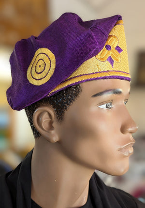 Purple Gold Aso Oke hat embroidery Dupsie's 