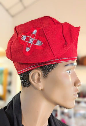 Red Silver Aso Oke hat cap Kufi Dupsie's