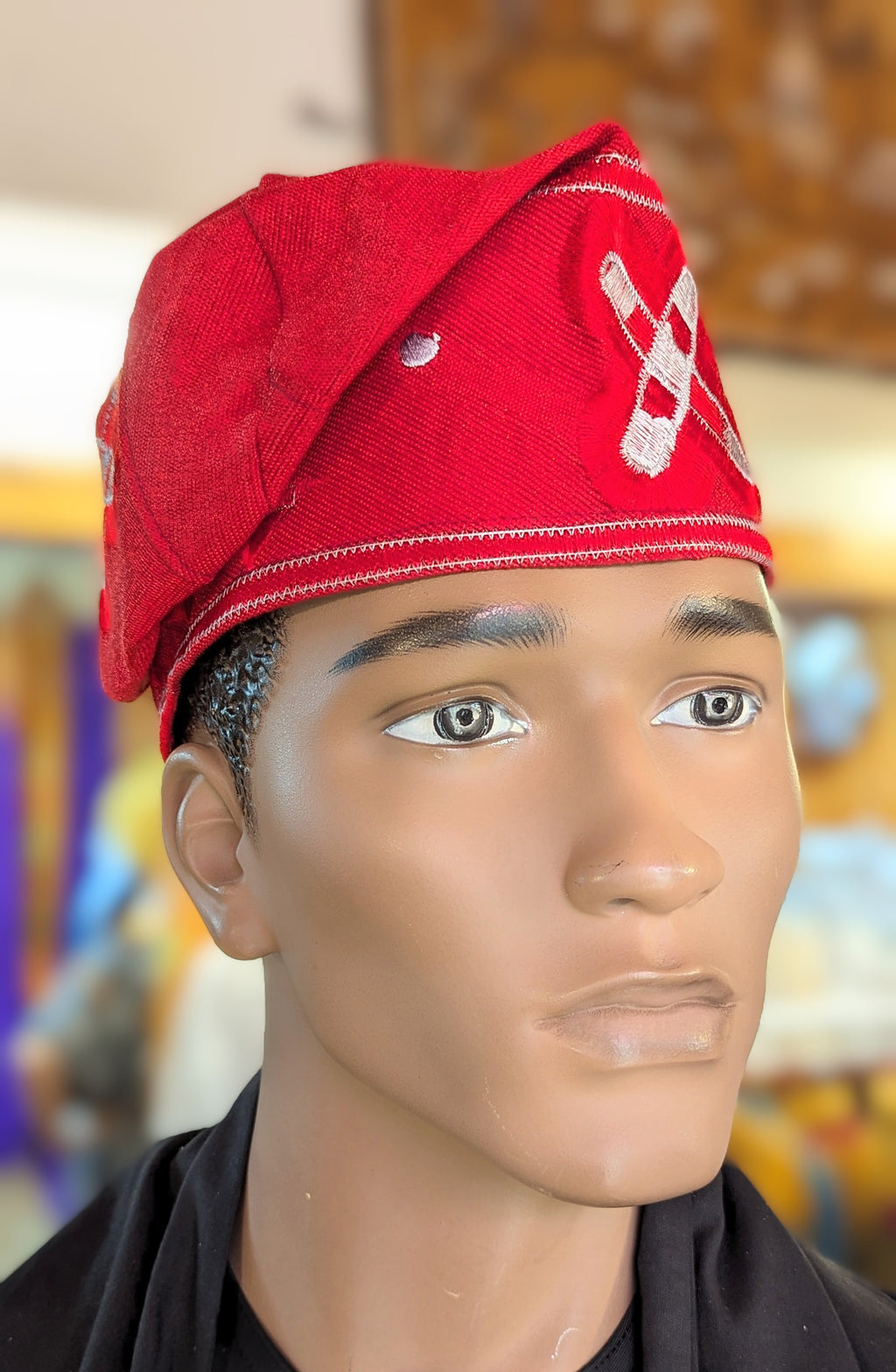Dupsie's Red and Silver Fila Ayaba African Aso Oke Kufi Cap Hat DPHARSH36