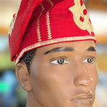 Dupsie's Adeagbo Royal Red Nigerian African Beige Cream Embroidered Aso Oke Handwoven Fila Kufi Cap Hat DPHARCB30
