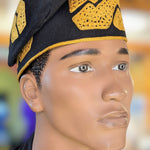 Dupsie's Akoko Black and Gold Embroidered Fila Cap Kufi Hat DPHABLGC44
