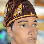 Dupsie's Brown Velvet Nigerian African Gold Cream Embroidered Aso Oke Handwoven Fila Kufi Cap Hat DPHAVBGC4