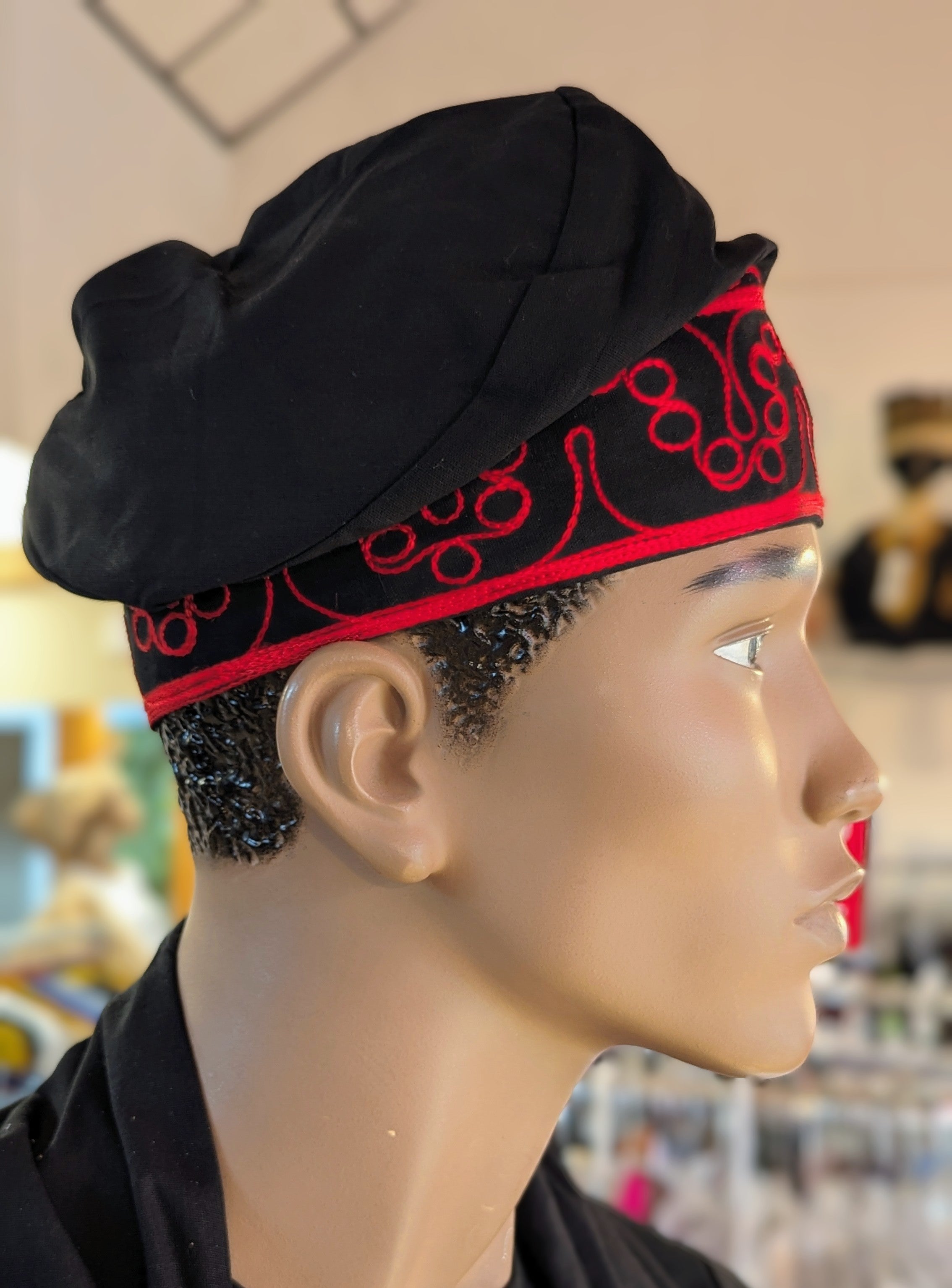 Black Red embroidery Dupsie's Adebo cotton African hat