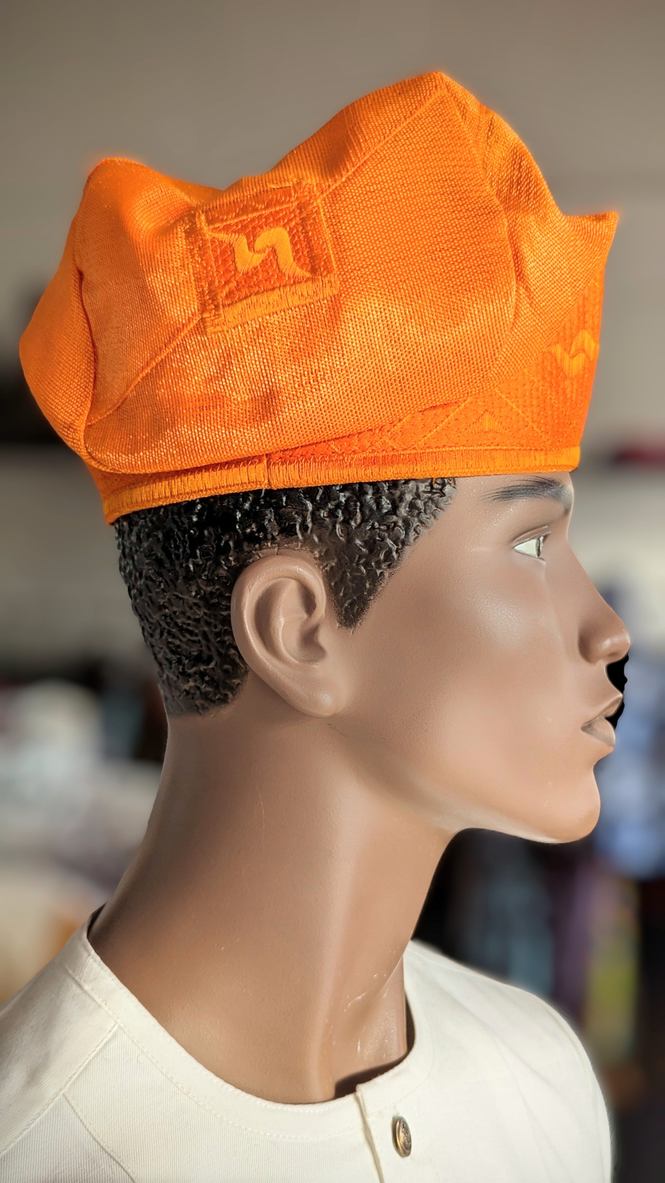 Orange Aso Oke Fila Cap Kufi African Hat Dupsie's 