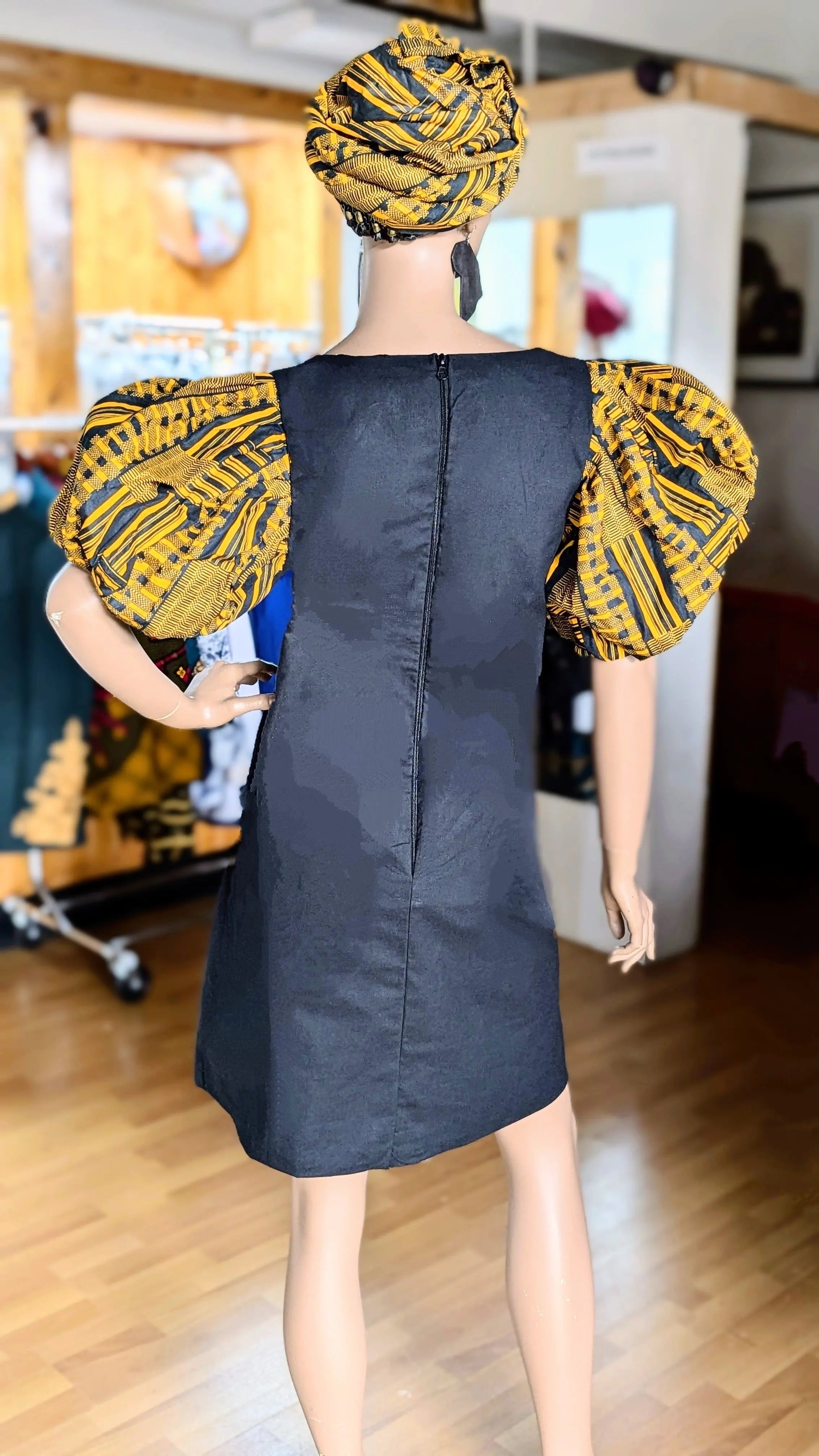Dupsie's Nyame Nti Kente Black and Gold African Print A-Line Dress Dupsie's African Fashion Dupsie's Nyame Nti Kente Black and Gold African Print A-Line Dress Dupsie's African Fashion