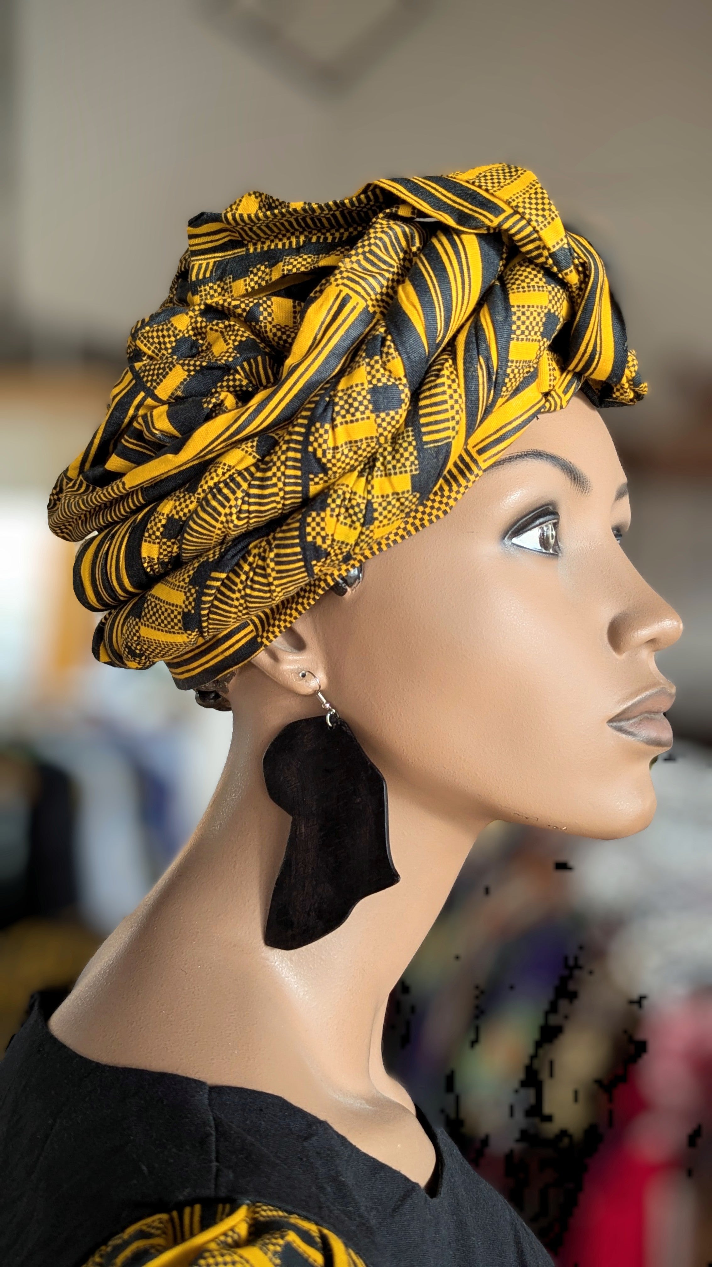 Zola Black and Gold African Print Pre-Tied Modu Head Wrap