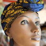 Blue Gold African Print Sunburst pre-tied head wrap