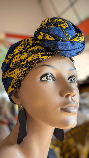 Blue Gold African Print Sunburst pre-tied head wrap