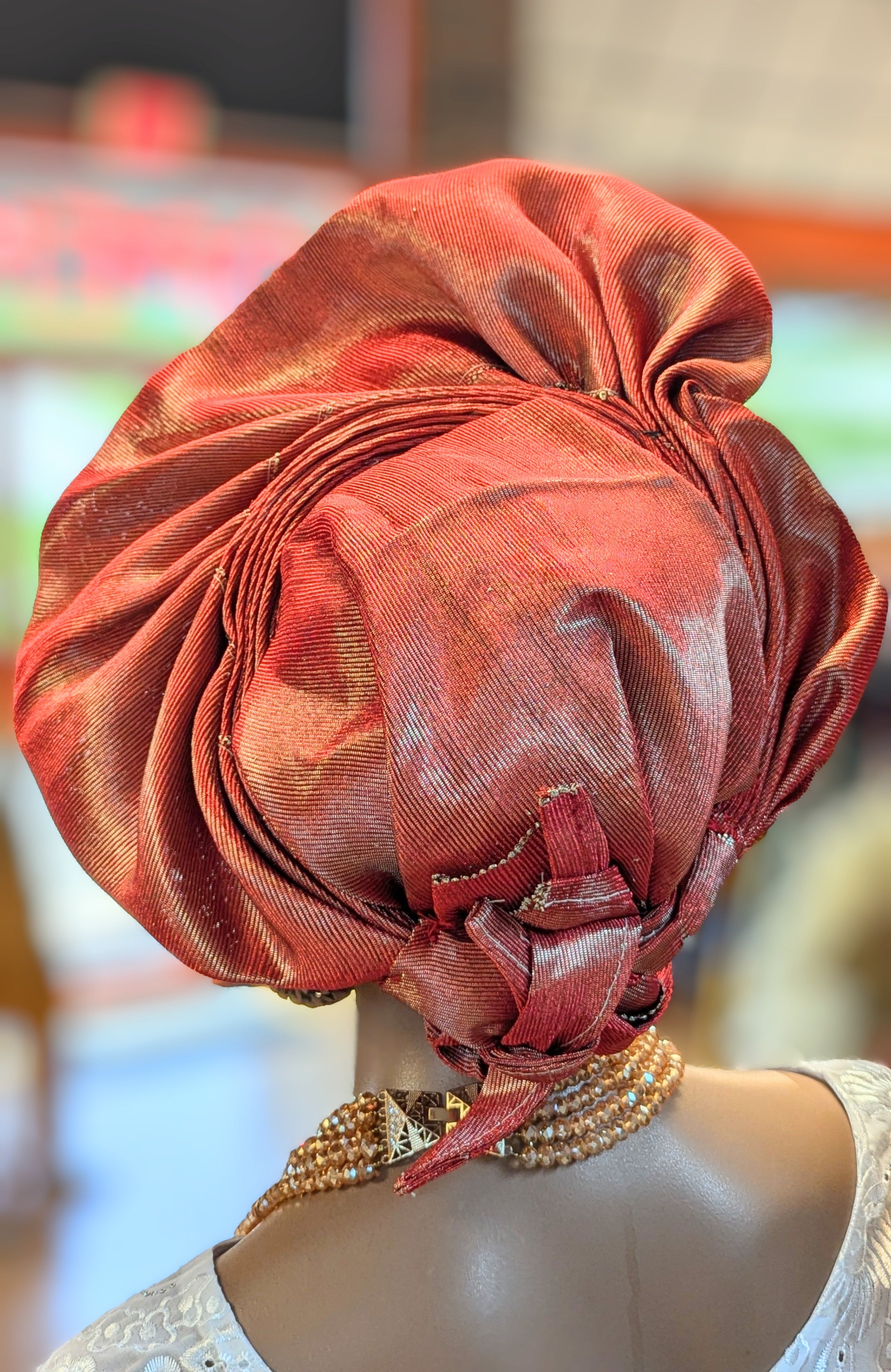 Burgundy Pre-tied Aso Oke Autogele head wrap