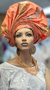 Dupsie's Peach Gold Silver Nneoma Crown Autogele Pre-tied ready Gele Head Wrap DPAGHT10