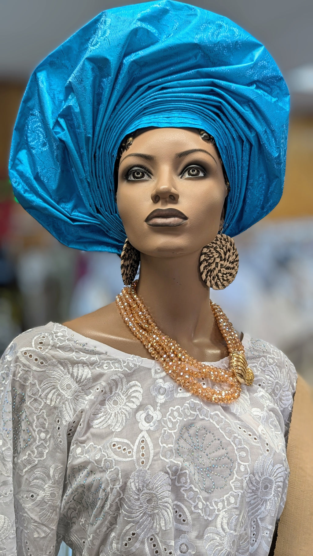 Dupsie's Ireti Crown Blue Autogele Ready Gele Pre-tied Head Wrap DPAGTB32