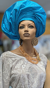 Dupsie's Ireti Crown Blue Autogele Ready Gele Pre-tied Head Wrap DPAGTB32