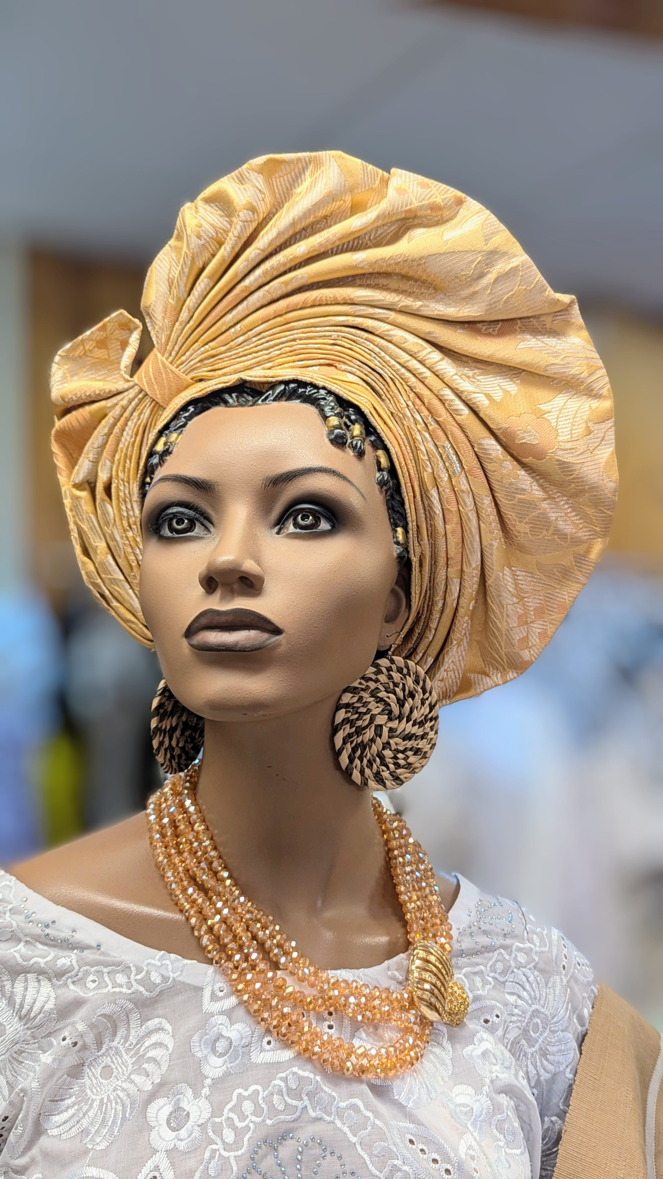 Dupsie's Abeni Tan and Gold pre-tied Crown Autogele ready Gele head wrap hat DPAGHTG2 