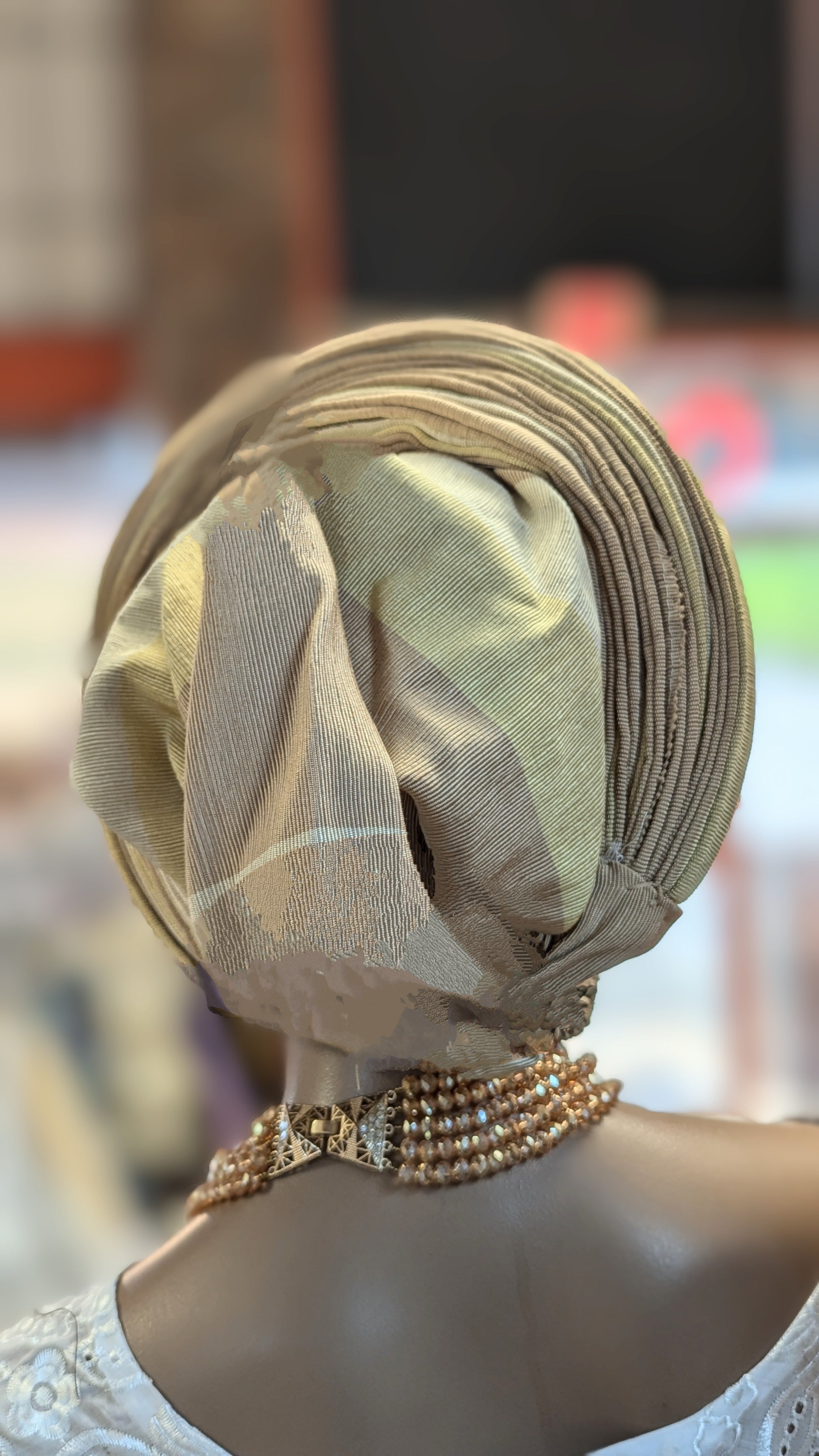 Tan Pleated Aso Oke Autogele Pre-tied head wrap hat African clothing