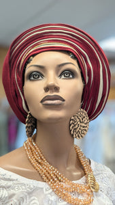 Dupsie's Olufunmilayo Burgundy Aso Oke Ready Gele Autogele Pre-tied head wrap hat DPAGARBG4