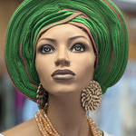 Dupsie's Abike Aso Oke Pink and Green Ready Gele Autogele Pre-tied Head wrap Hat DPAGPGS33