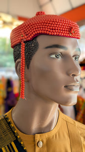 Dupsie's Ugochukwu's Majestic Orange African Edo Igbo Beaded Crown Hat with Gold trim DPBHOG11