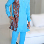 Dupsie's Jabi Luxe Turquoise-Blue with Brown Damask Long-sleeve Senator Dashiki Top and pants DPASTBBD3