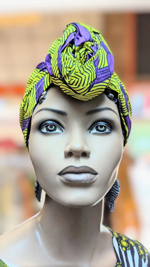 Yellow purple African print Ankara prepped head wrap