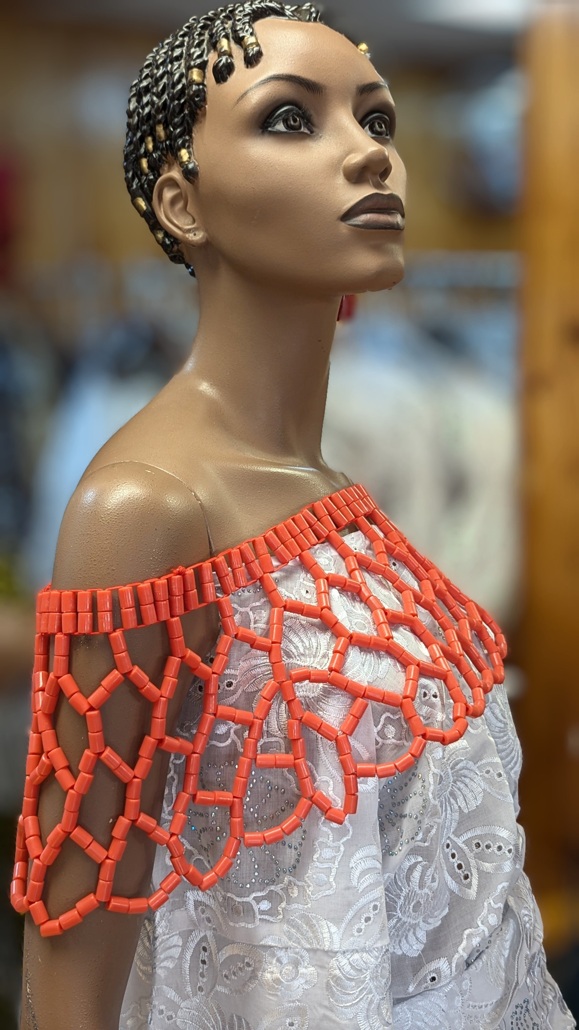 Dupsie's Chimamanda African Coral-Red Igbo Edo Bead Shoulder Shrug Crop Top Blouse DPASBCR22